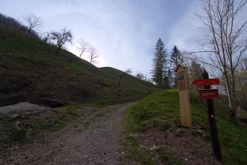 The gravel path with a signpost next to it.