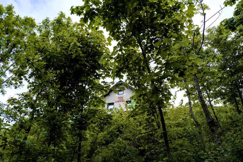 The lodge on top of Lubnik seen through the trees.